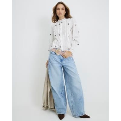 White Floral Embroidered Shirt