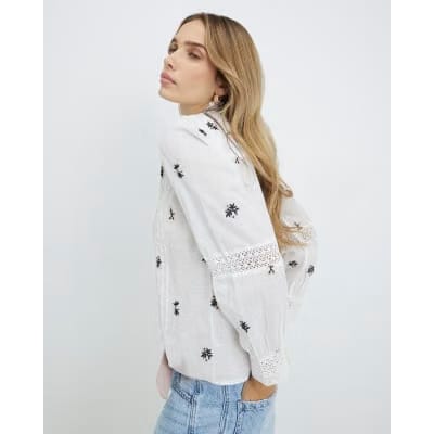 White Floral Embroidered Shirt