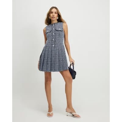 Blue Sleeveless Boucle Pleated Hem Mini Dress