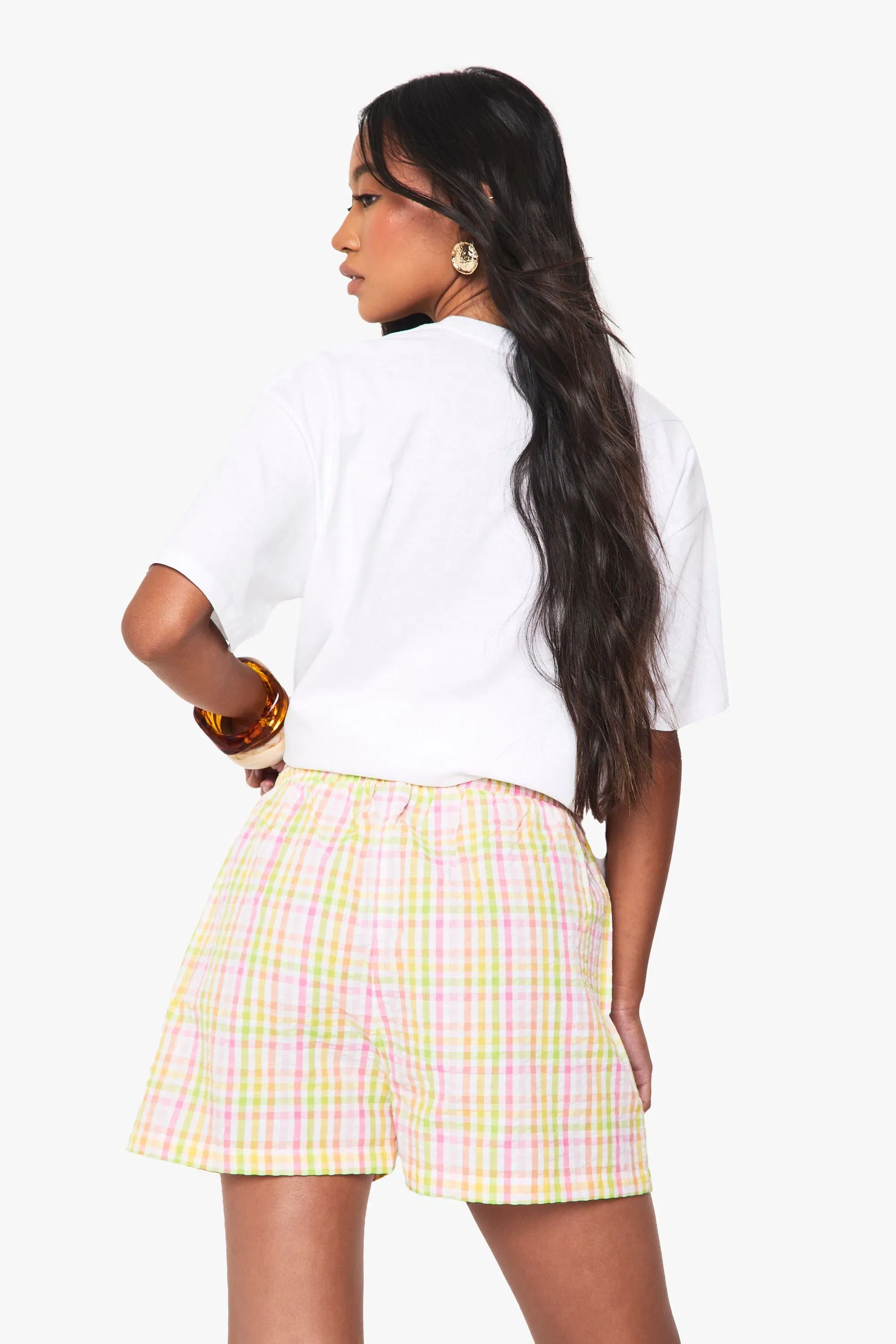 Seersucker Bright Check Drawstring Waist Shorts