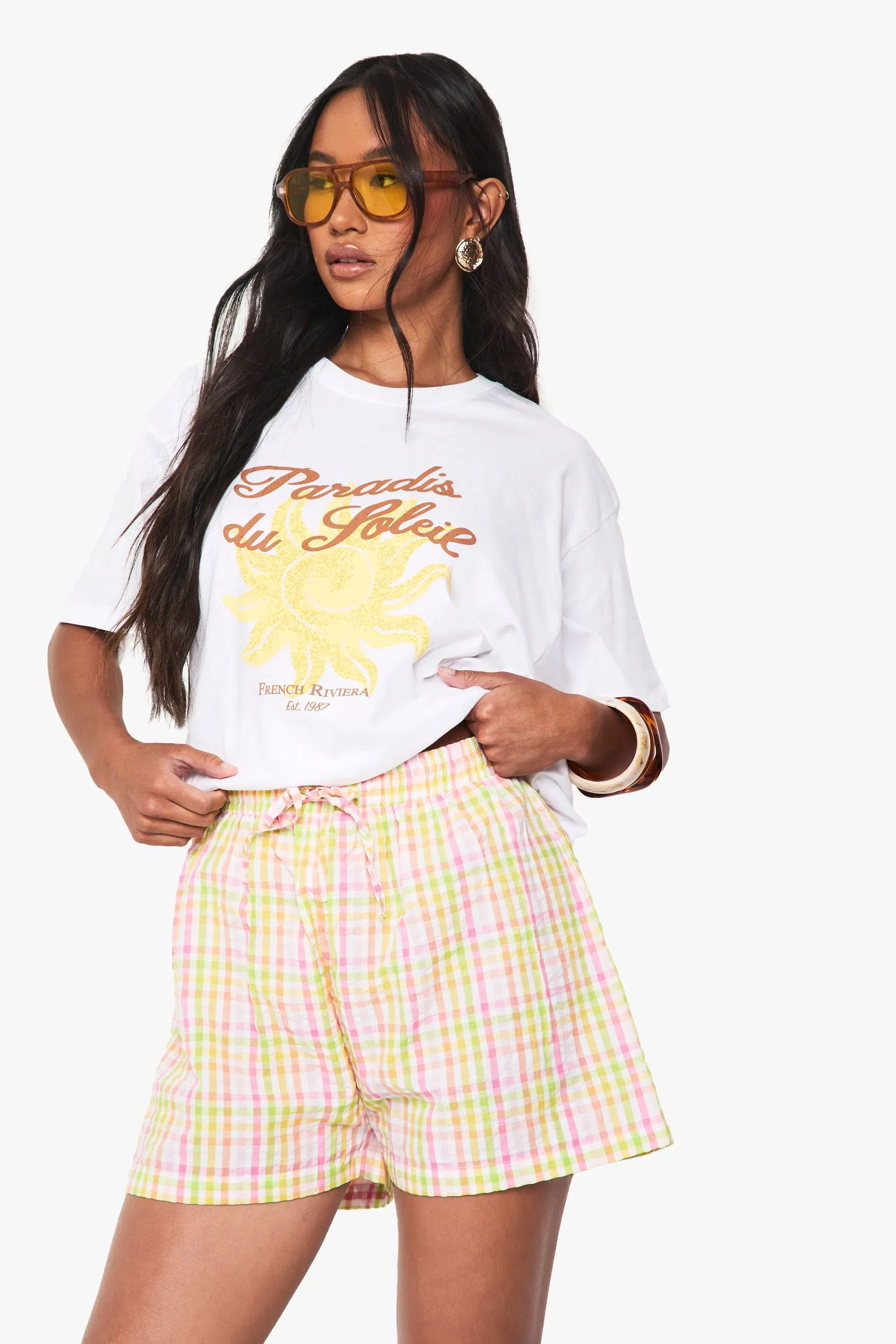 Seersucker Bright Check Drawstring Waist Shorts