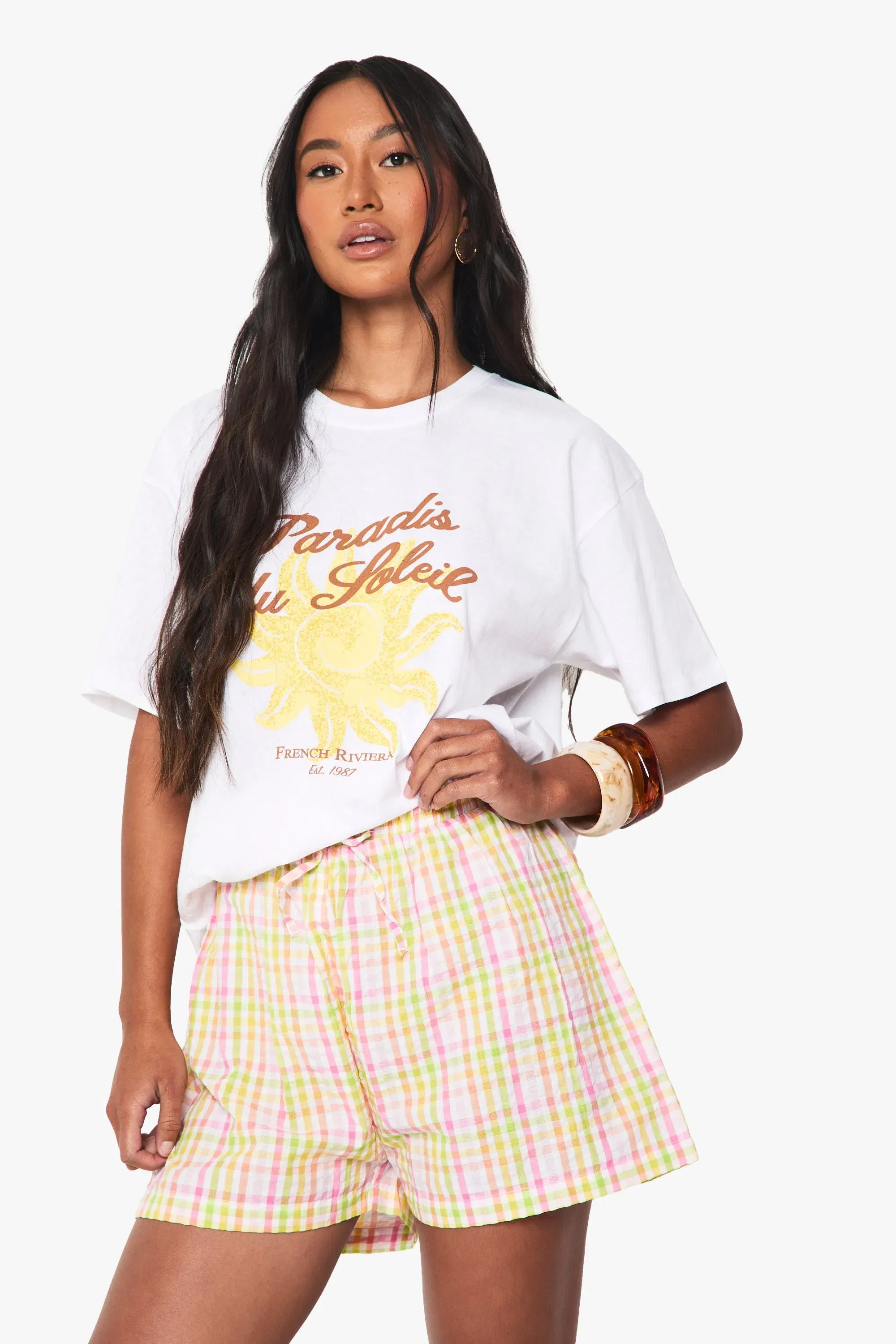 Seersucker Bright Check Drawstring Waist Shorts