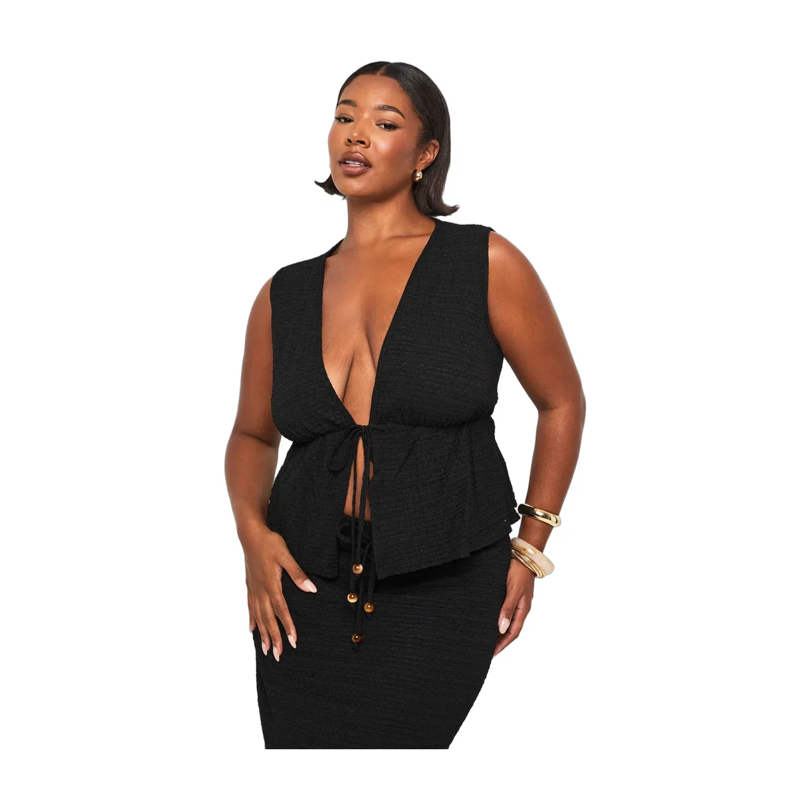Beaded Textured Tie Front Waistcoat