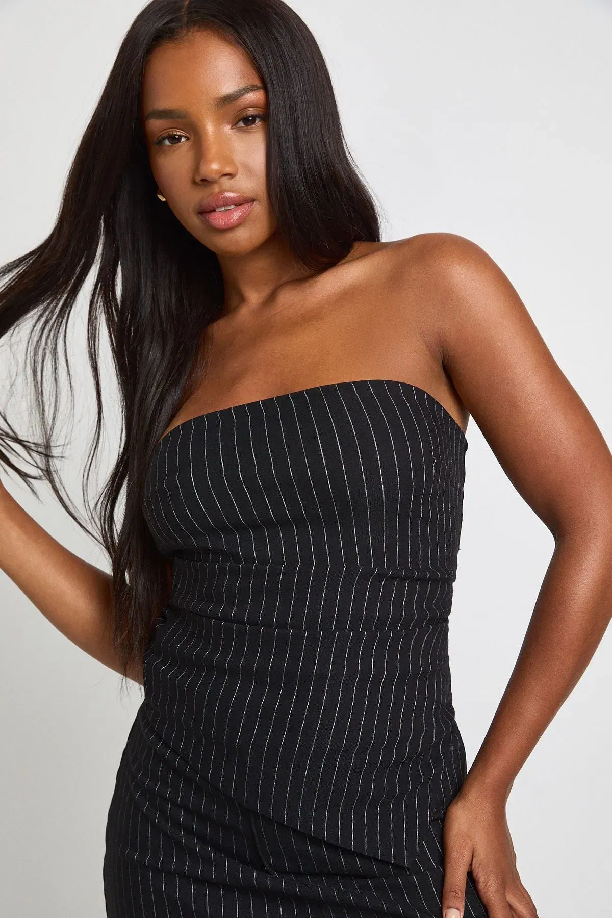 Pinstripe Bengaline Ruched Bandeau Top