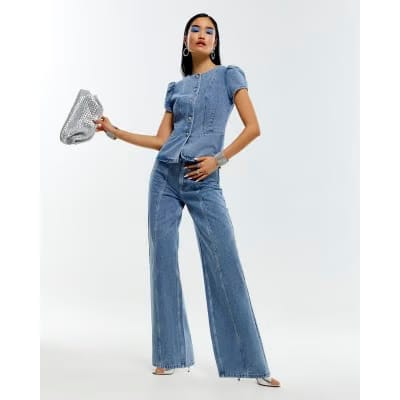 Blue Washed Bling Button Wide Leg Jeans