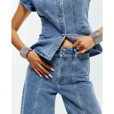 Blue Washed Bling Button Wide Leg Jeans