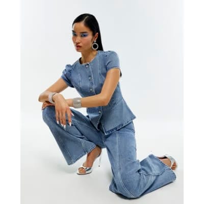 Blue Washed Bling Button Wide Leg Jeans