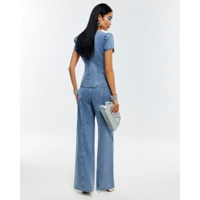 Blue Washed Bling Button Wide Leg Jeans