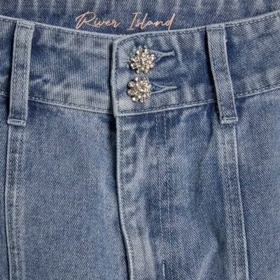Blue Washed Bling Button Wide Leg Jeans