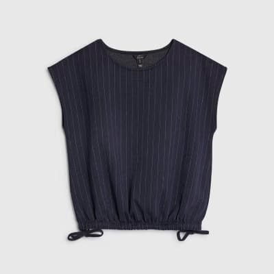 Petite Navy Pinstripe Tie Side Balloon Top