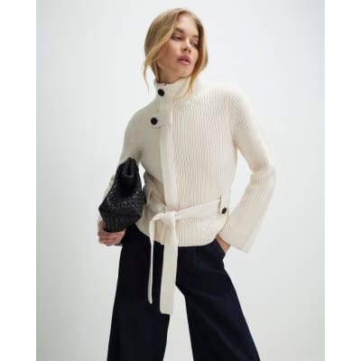 Cream Knitted Tie Waist Ribbed Cardigan