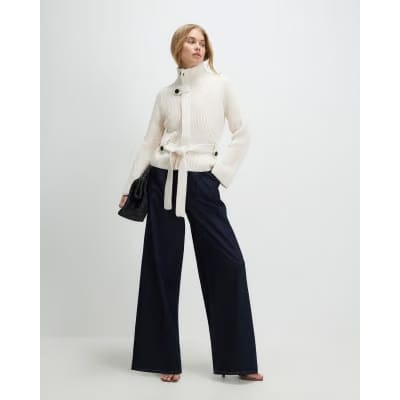 Cream Knitted Tie Waist Ribbed Cardigan