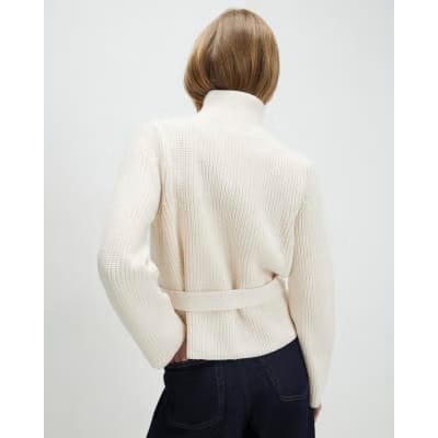 Cream Knitted Tie Waist Ribbed Cardigan