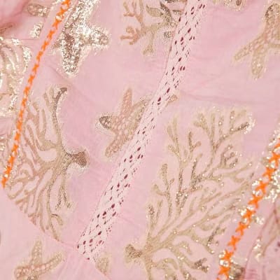 Pink Metallic Coral Print Ruffle Blouse