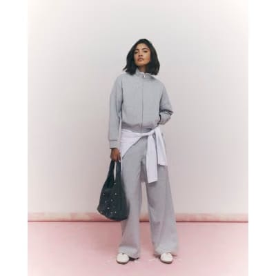 Grey Long Sleeve Zip up Bomber Sweatshirt