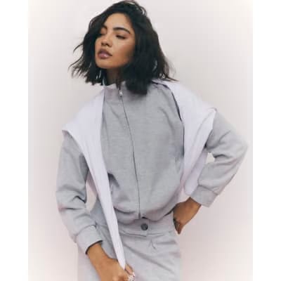Grey Long Sleeve Zip up Bomber Sweatshirt