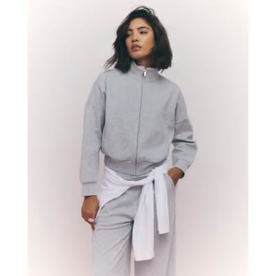 Grey Long Sleeve Zip up Bomber Sweatshirt