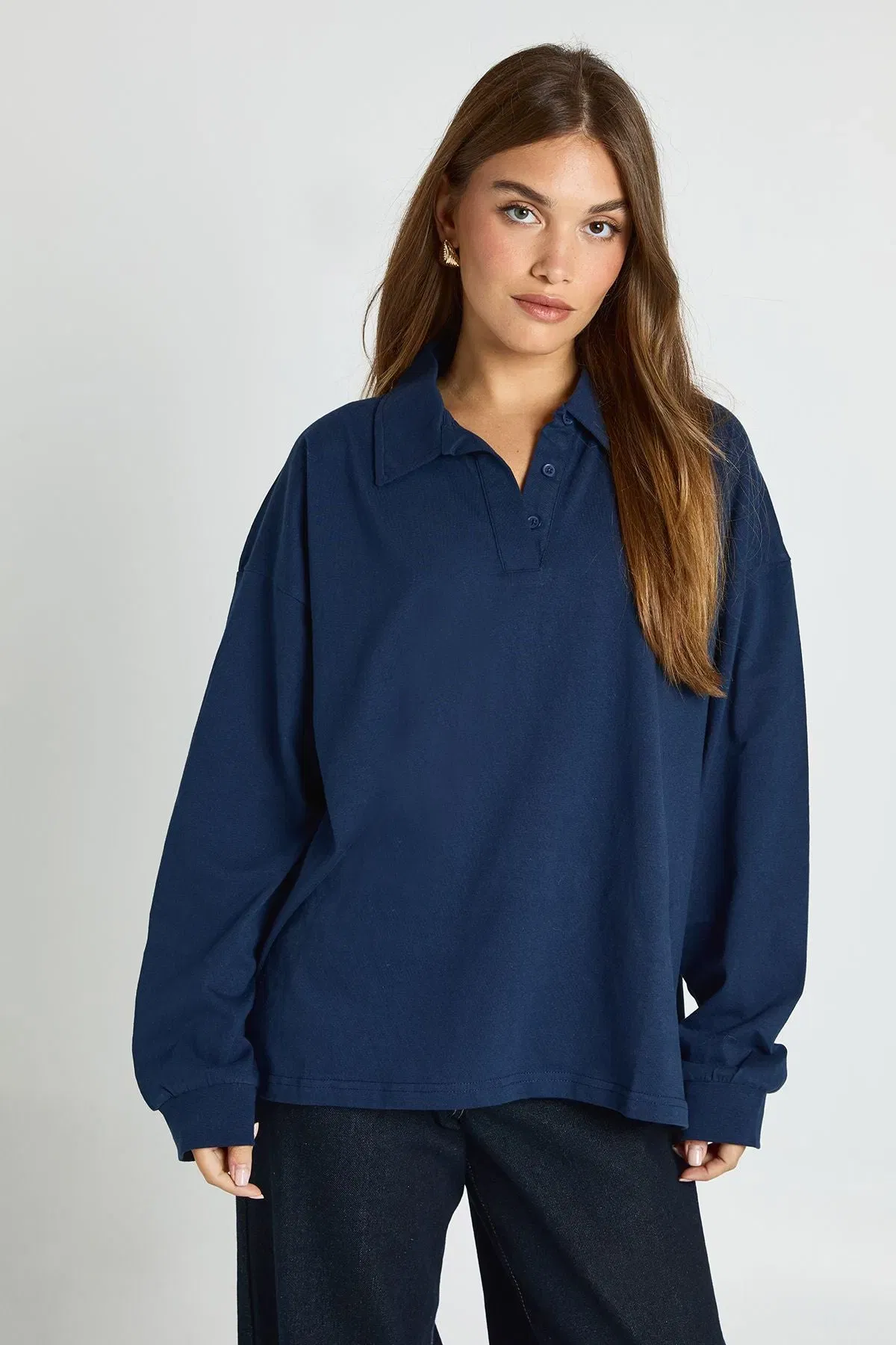 Heavy Cotton Button Detail Collared Rugby Top