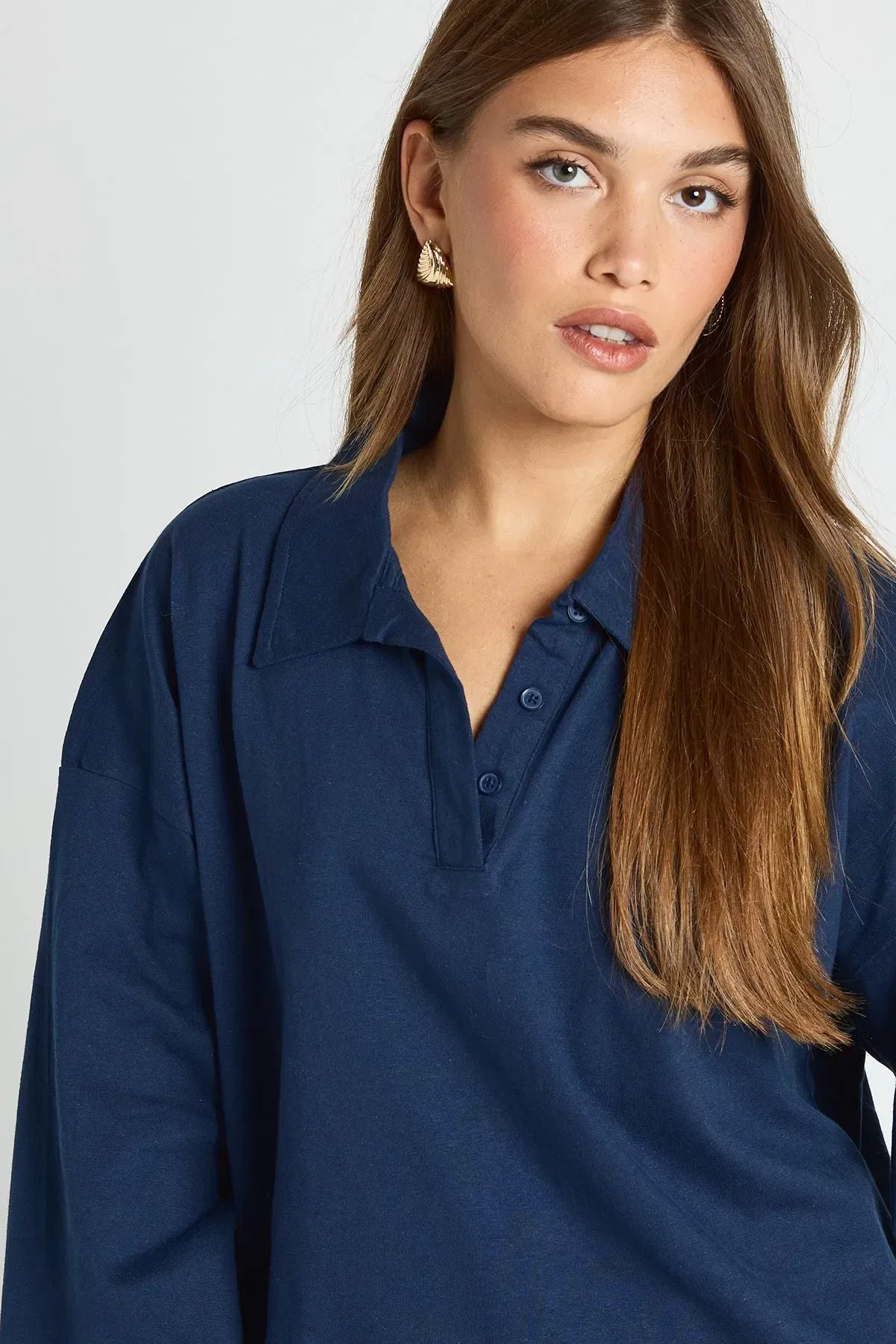 Heavy Cotton Button Detail Collared Rugby Top