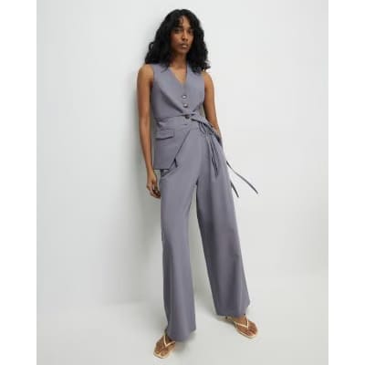 Grey Wrap Detail Wide Leg Trousers