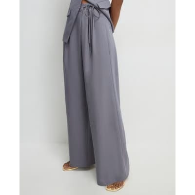 Grey Wrap Detail Wide Leg Trousers