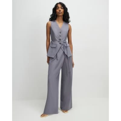 Grey Wrap Detail Wide Leg Trousers