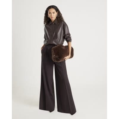 Brown Faux Leather Collared Bomber Jacket