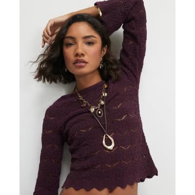 Purple Crochet Knit Boat Neck Jumper