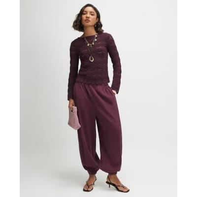 Purple Crochet Knit Boat Neck Jumper