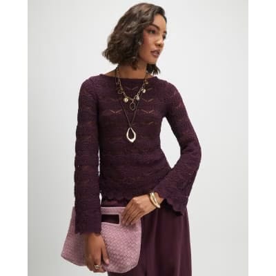 Purple Crochet Knit Boat Neck Jumper