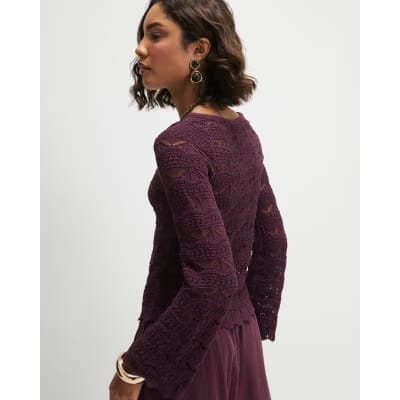 Purple Crochet Knit Boat Neck Jumper