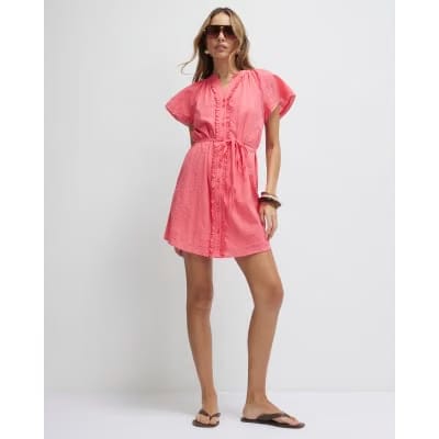 Pink V Neck Short Sleeve Frill Mini Dress