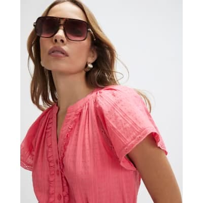 Pink V Neck Short Sleeve Frill Mini Dress