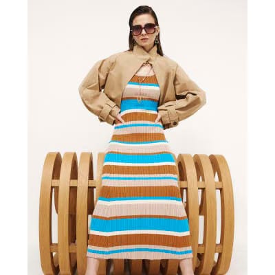 Brown Knitted Striped Maxi Dress