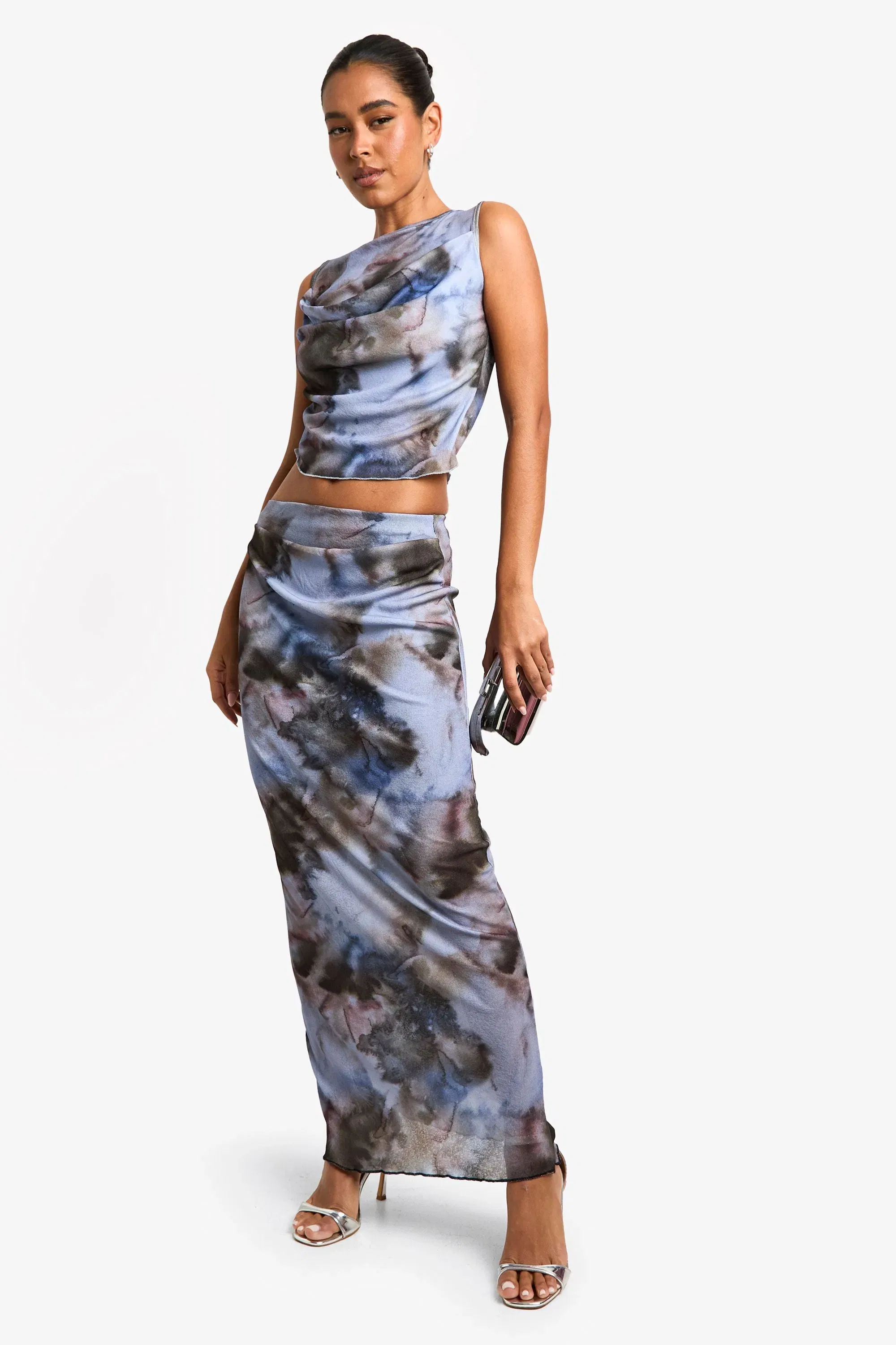 Printed Textured Mesh Drape Maxi Skirt