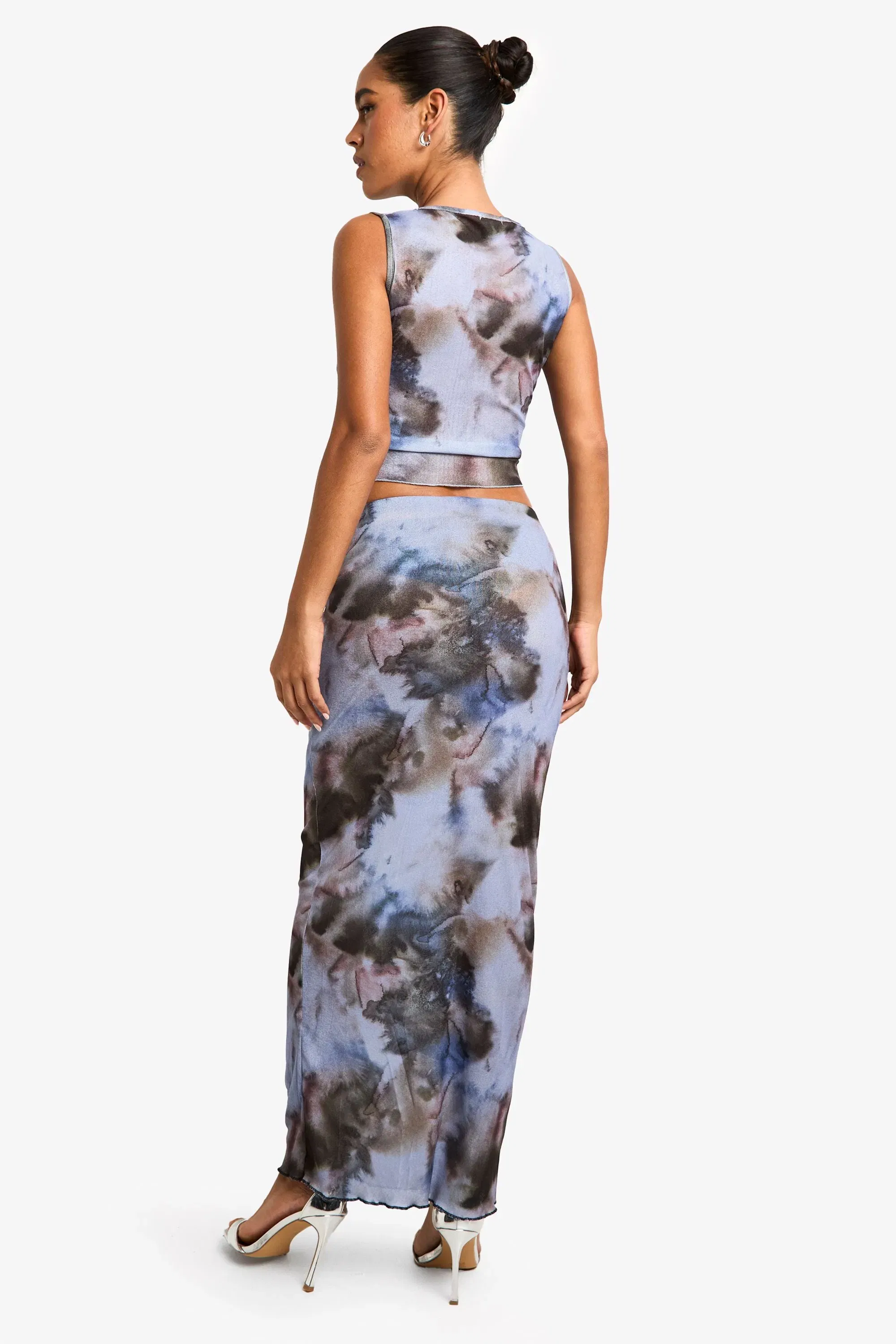 Printed Textured Mesh Drape Maxi Skirt