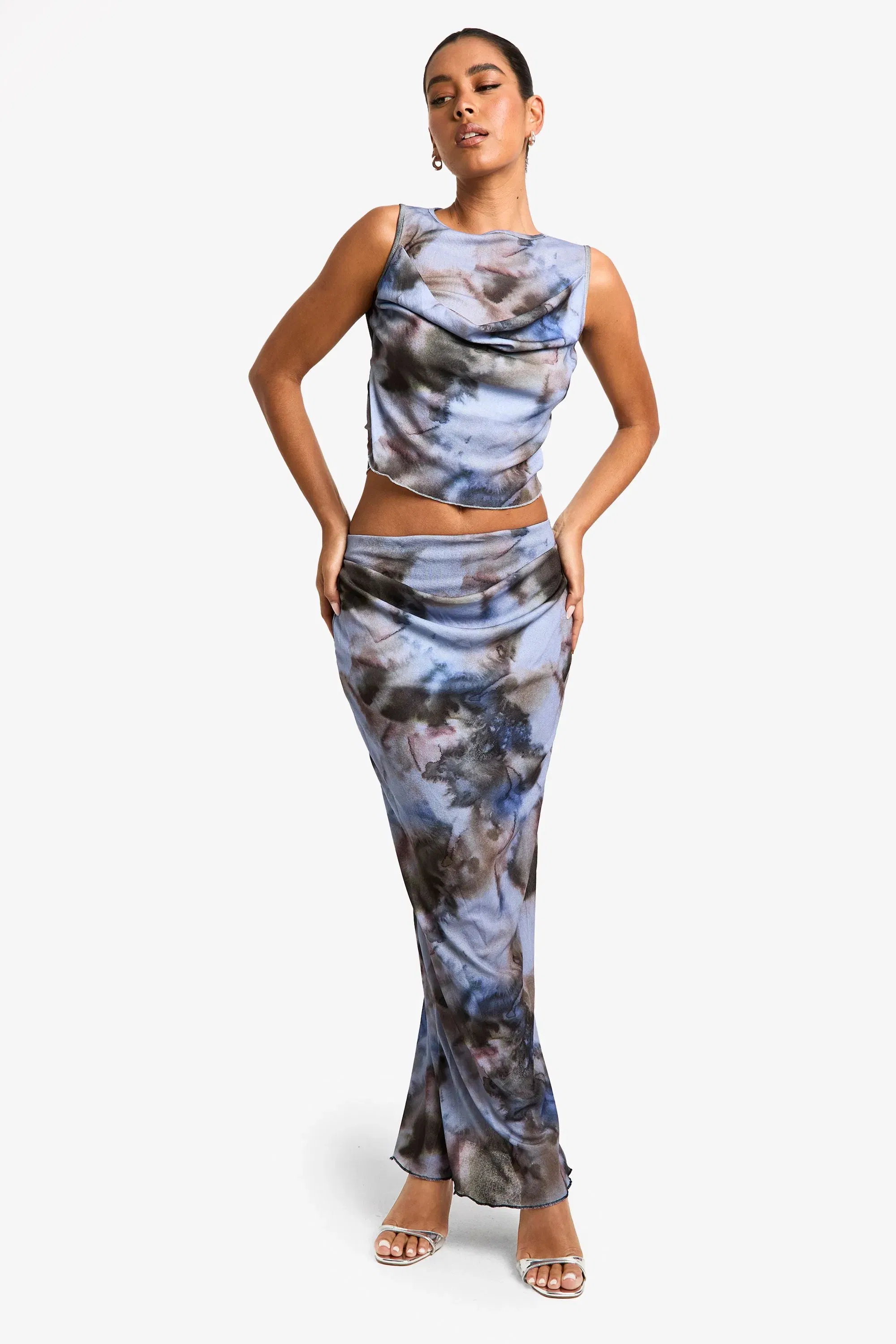 Printed Textured Mesh Drape Maxi Skirt