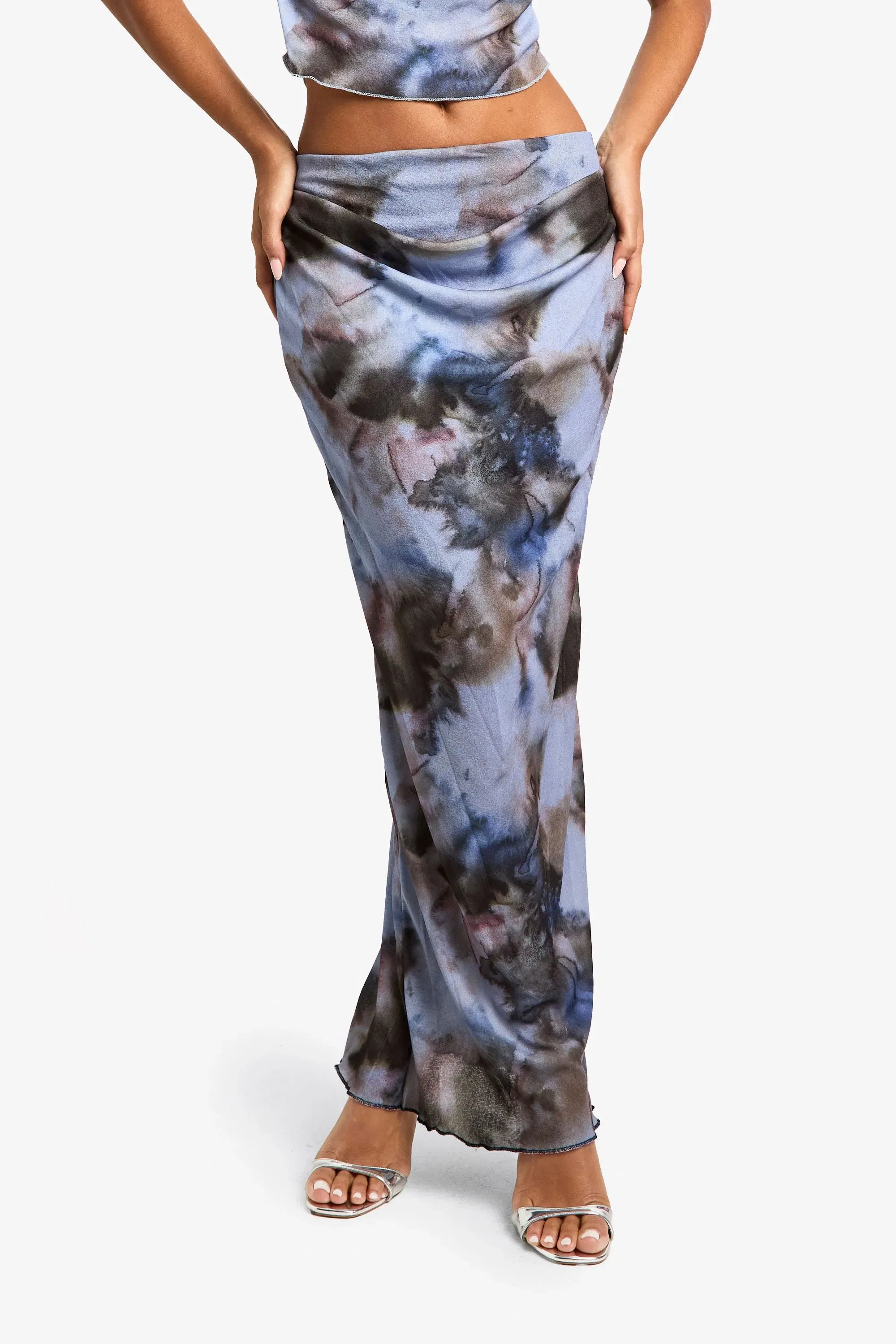 Printed Textured Mesh Drape Maxi Skirt