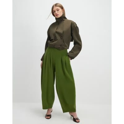 Khaki Balloon Leg Pleated Trousers