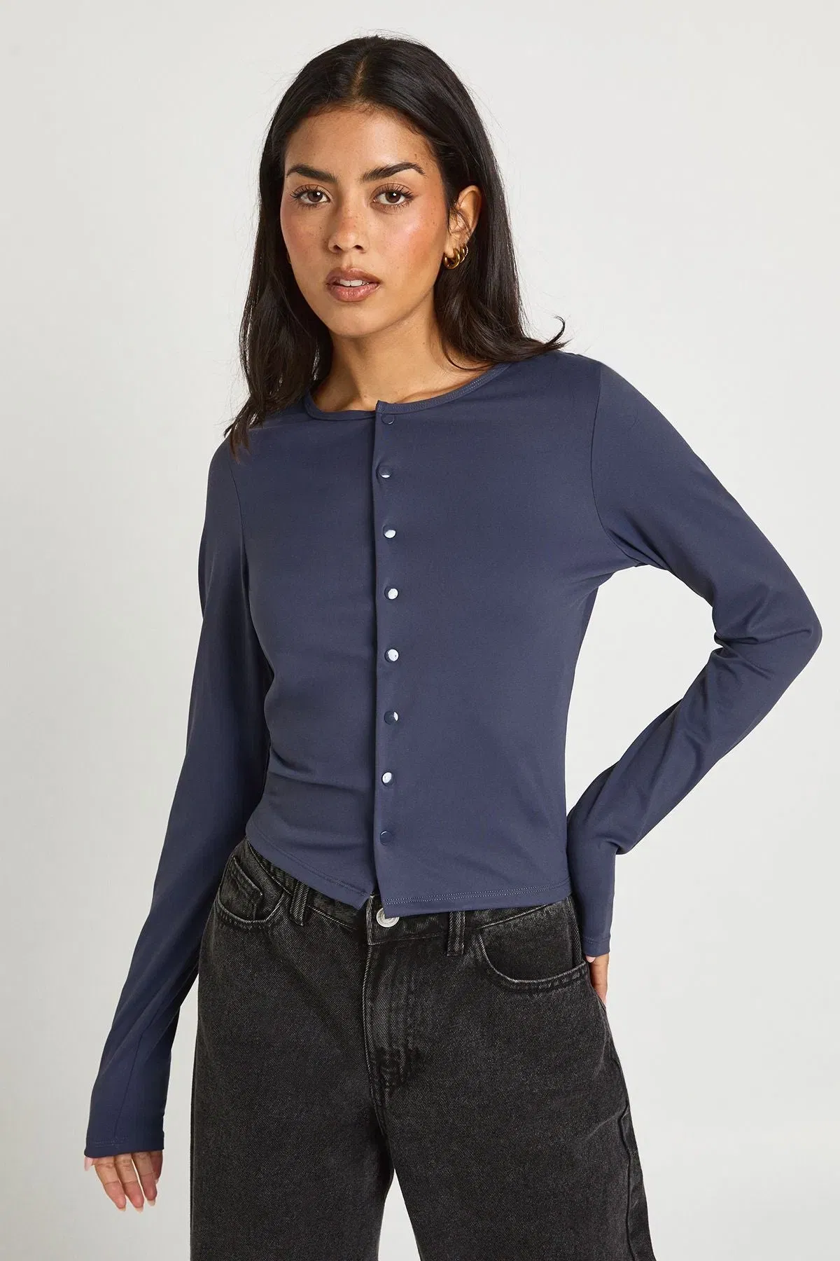 Peached Sculpt Popper Through Long Sleeve Top