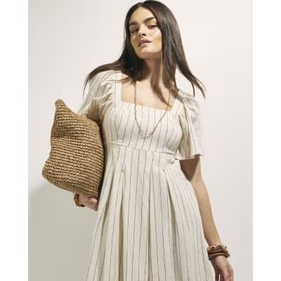 Beige Stripe Linen Blend Shirred Midi Dress