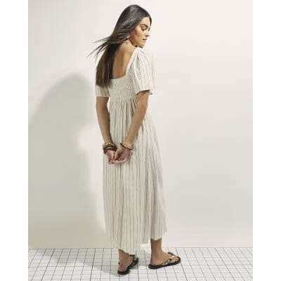 Beige Stripe Linen Blend Shirred Midi Dress
