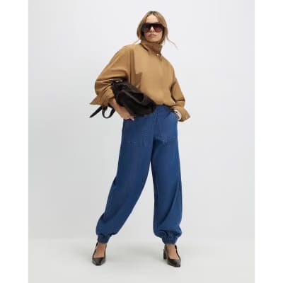 Blue Pull On Elasticated Cuffed Denim Joggers
