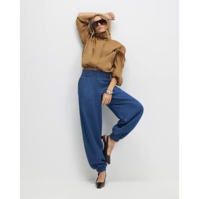 Blue Pull On Elasticated Cuffed Denim Joggers