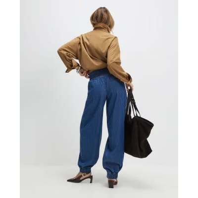 Blue Pull On Elasticated Cuffed Denim Joggers