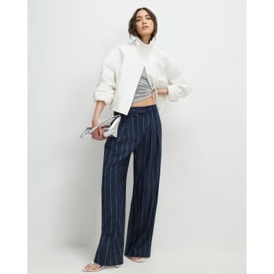Navy pinstripe wide leg trousers