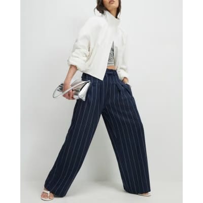 Navy pinstripe wide leg trousers