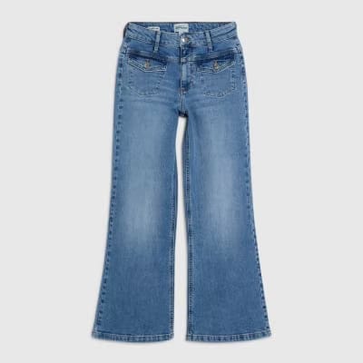Petite Blue Double Yoke Relaxed Flare Jeans