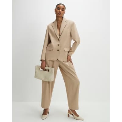 Beige Barrel Leg Tailored Trousers
