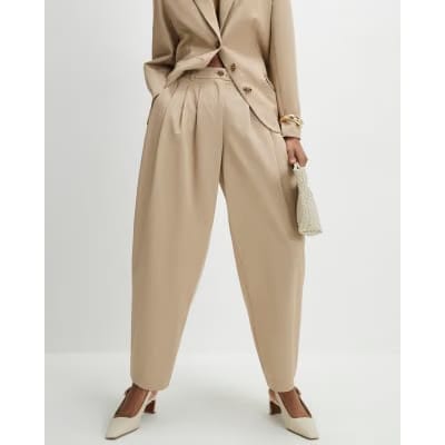 Beige Barrel Leg Tailored Trousers